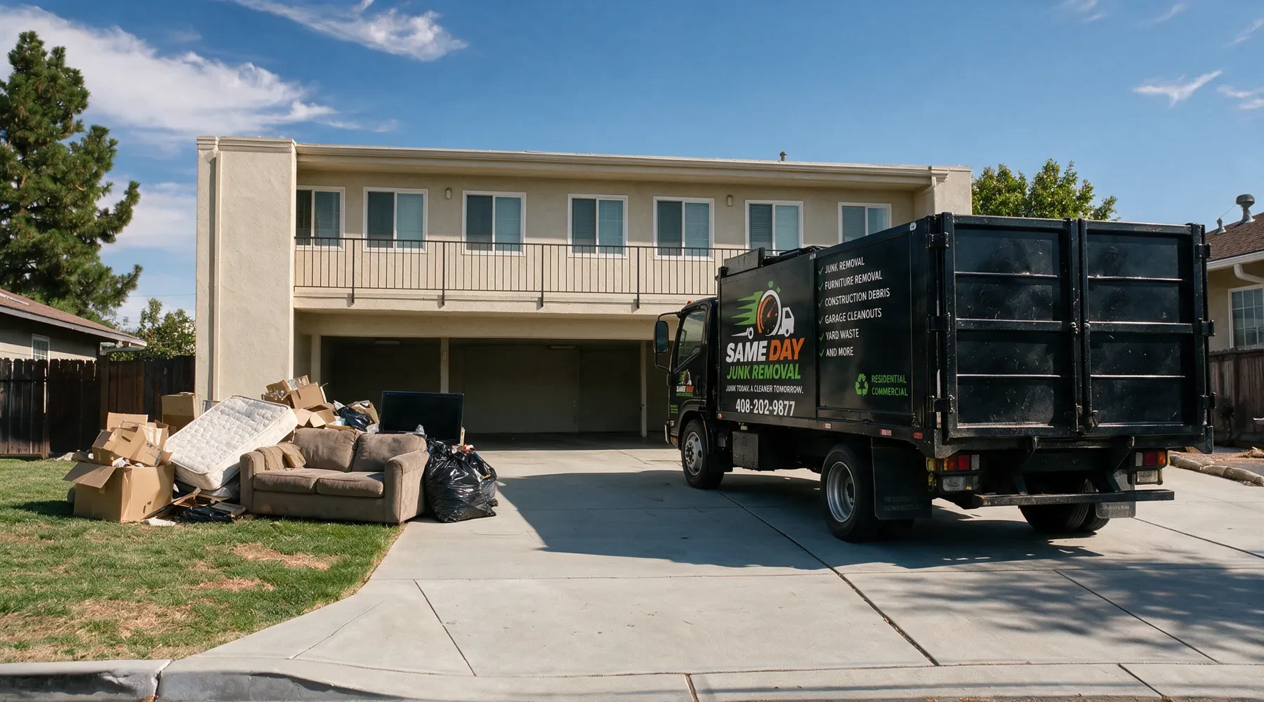 A Sameday Junk Removal truck at an apartment carport beside a move-out pile of boxes, a mattress and a sofa