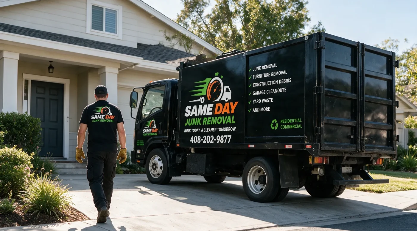 A Sameday Junk Removal crew member walking up the driveway to a house, the truck already parked at the kerb ready for the load