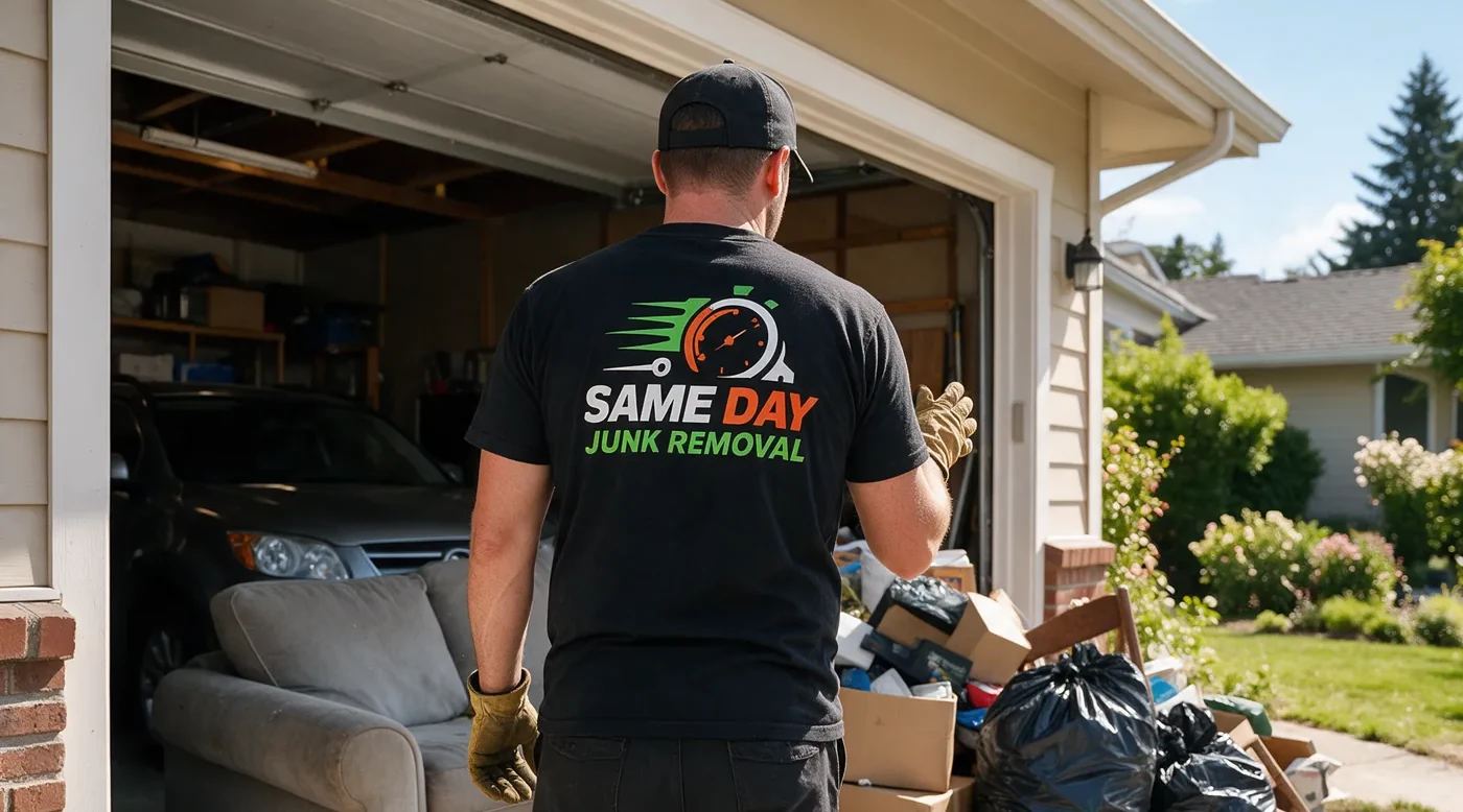 A Sameday Junk Removal crew member standing at an open garage, with a couch and a car inside and boxes and bags piled on the driveway