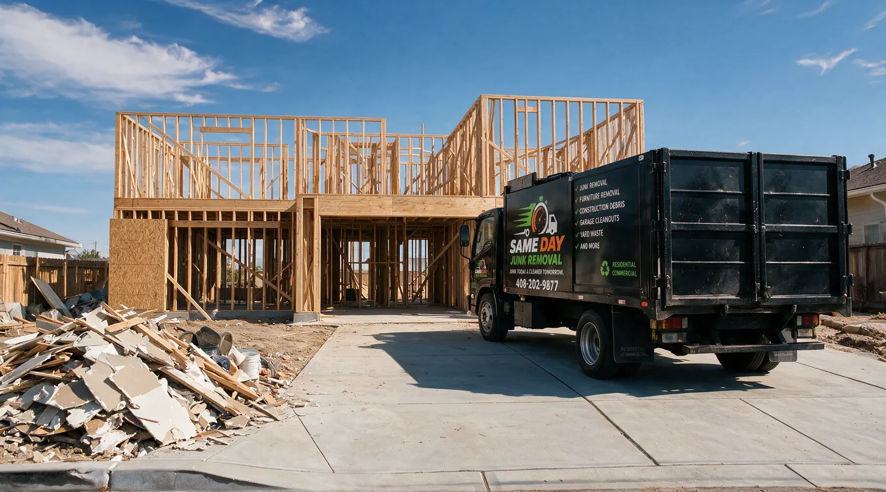 The Sameday Junk Removal truck backed into a half-built timber frame house beside a pile of drywall and offcut lumber