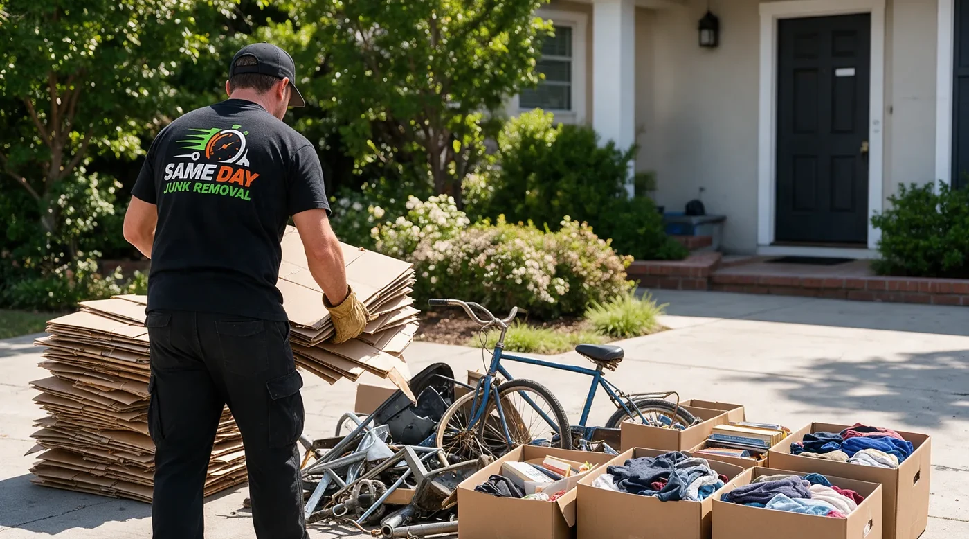 A Sameday Junk Removal crew member carrying flattened cardboard past a stack of it, a bicycle and scrap metal, and boxes of clothing sorted for donation