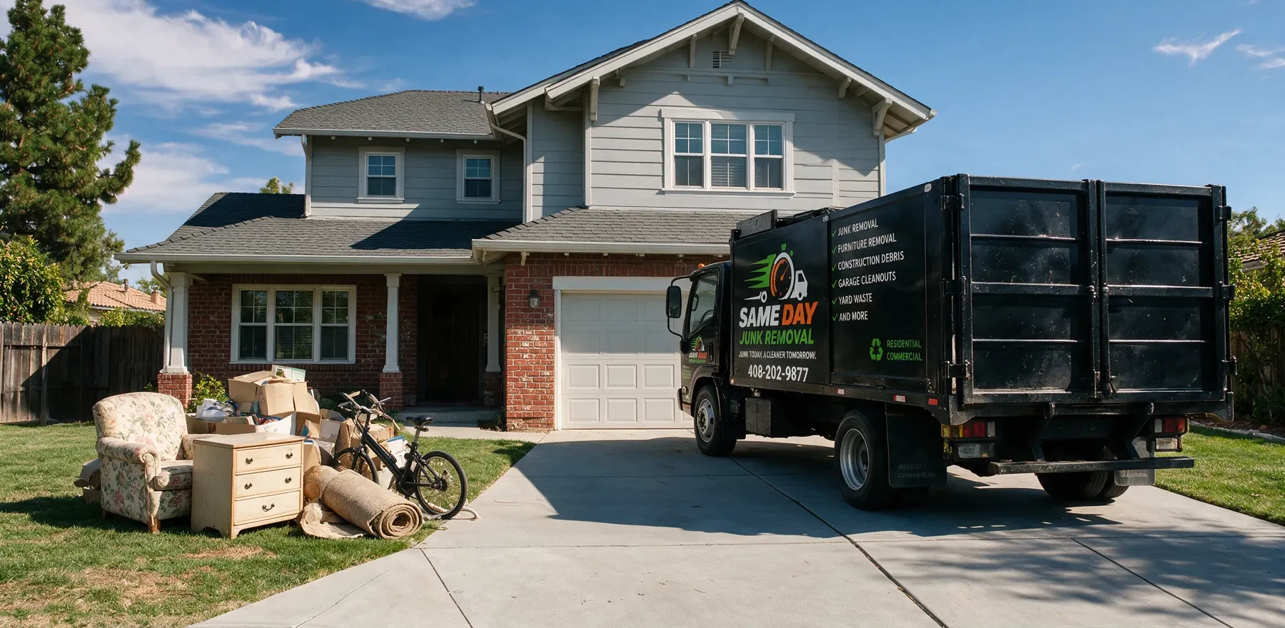 A house being cleared, with the Sameday Junk Removal truck on the driveway beside furniture and a rolled carpet brought out to the front