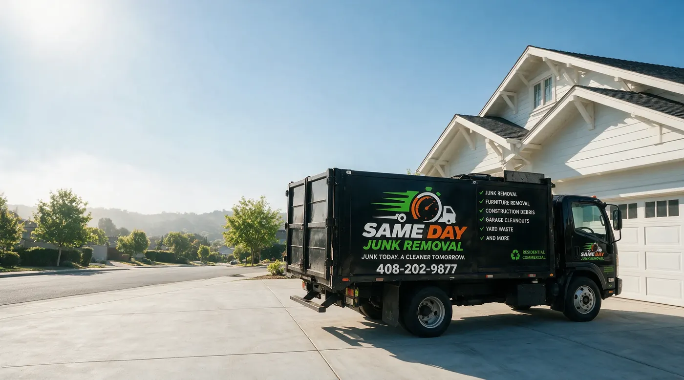 A Sameday Junk Removal truck loaded with clearance rubbish on the driveway of a white Fremont house on a clear morning