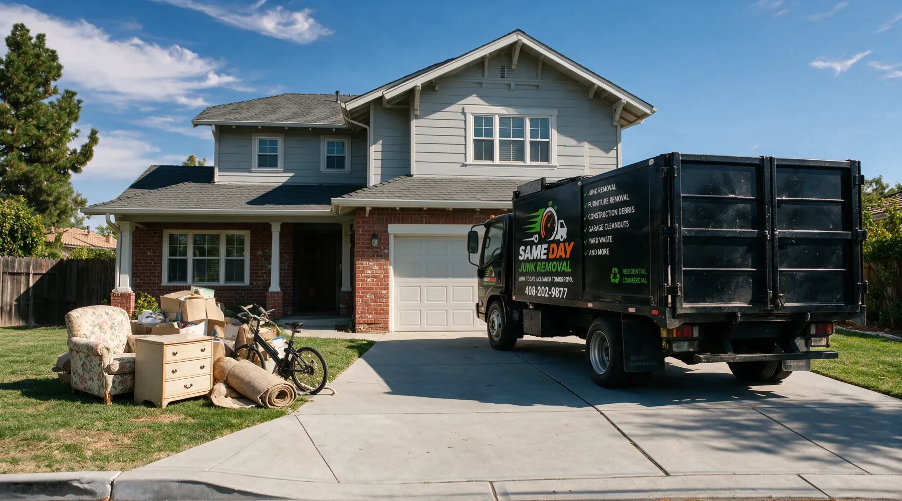 A Sameday Junk Removal truck in a Bay Area driveway beside an armchair, a chest of drawers and a rolled carpet cleared out of the house