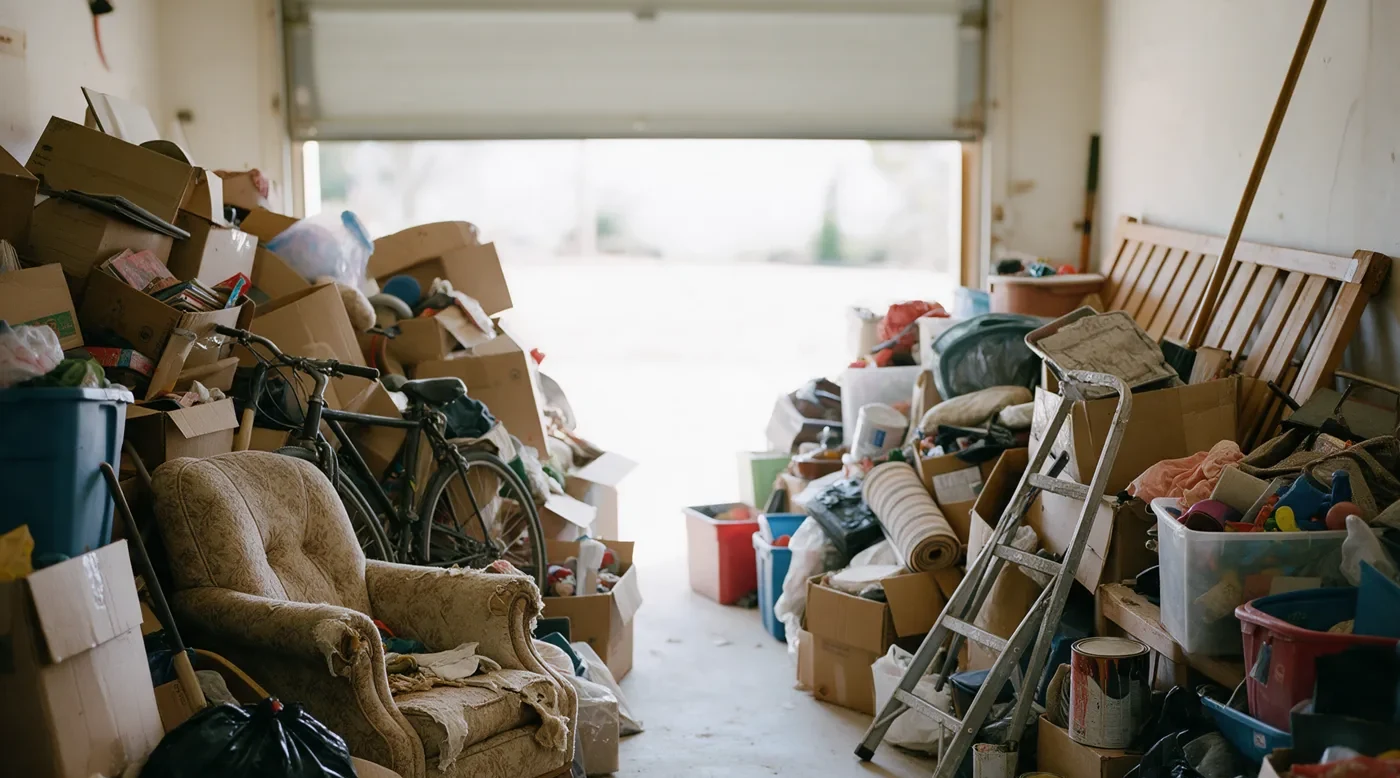 A packed garage with boxes, an armchair and a bicycle inside and the door open onto the driveway