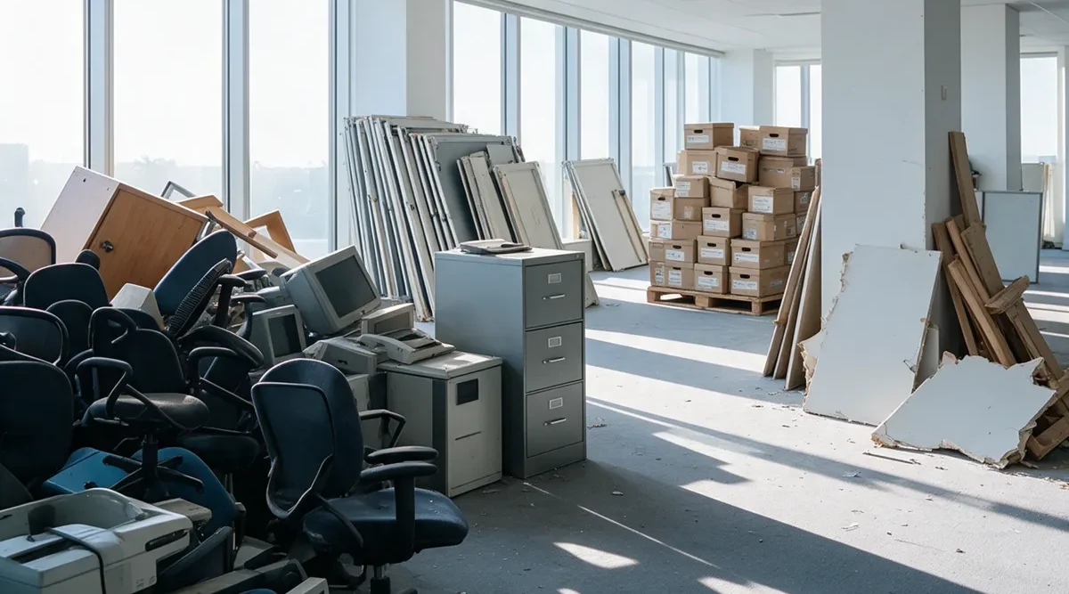 An office floor full of desks, chairs, filing cabinets and stacked boxes before a Sameday Junk Removal cleanout