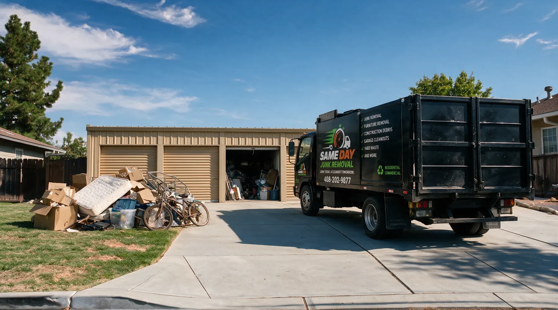 A Sameday Junk Removal truck beside a storage unit being emptied, with boxes, a mattress, plastic crates and a bicycle stacked outside