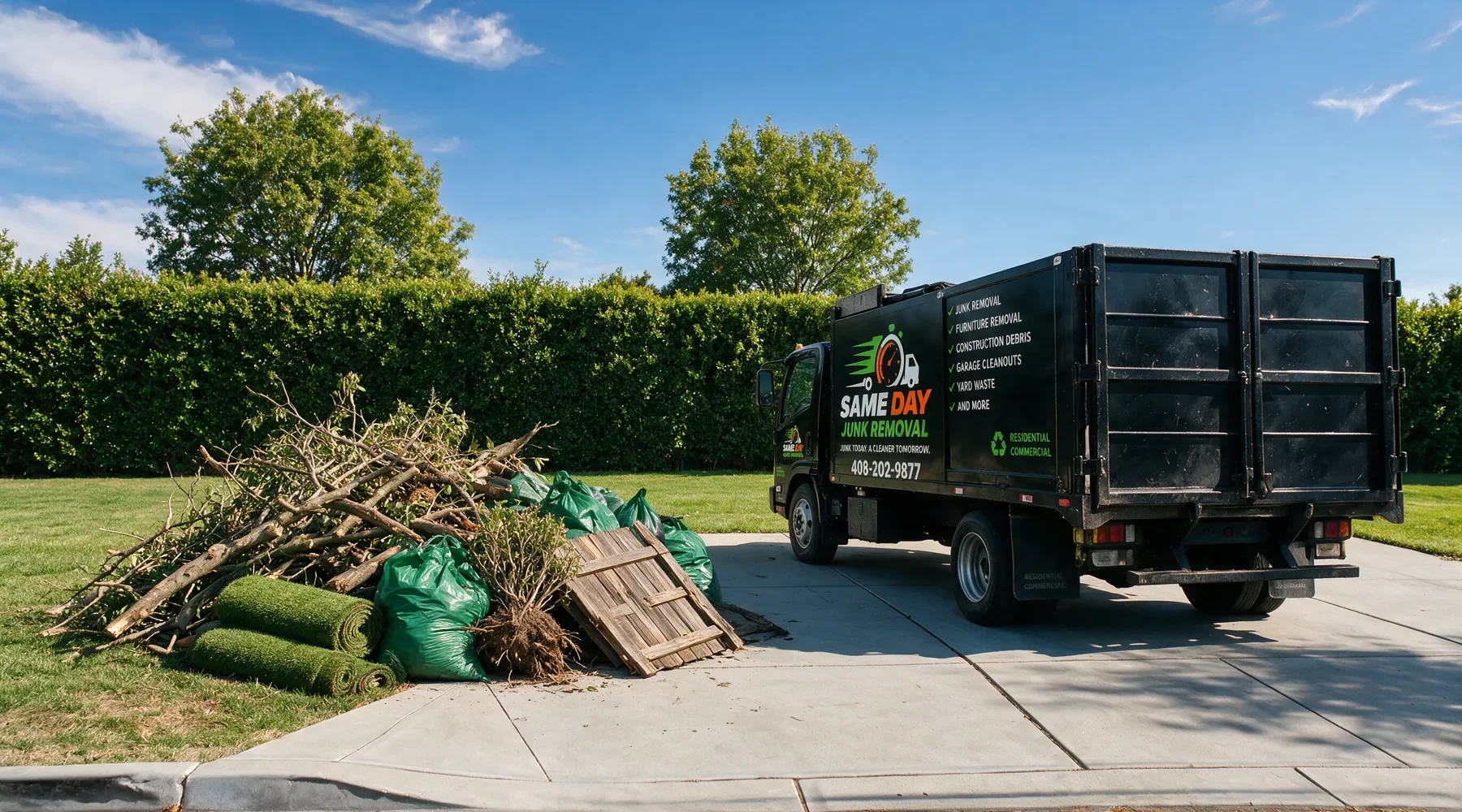The Sameday Junk Removal truck on a driveway beside a pile of cut branches, rolls of turf, green waste bags and a broken fence panel