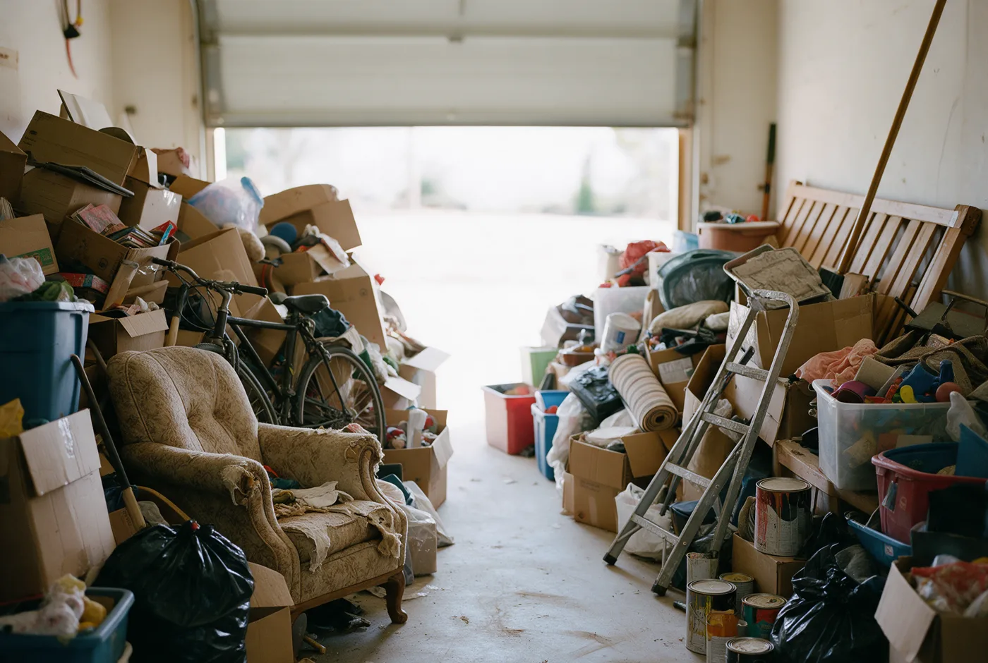 A packed garage with boxes, an armchair and a bicycle inside and the door open onto the driveway