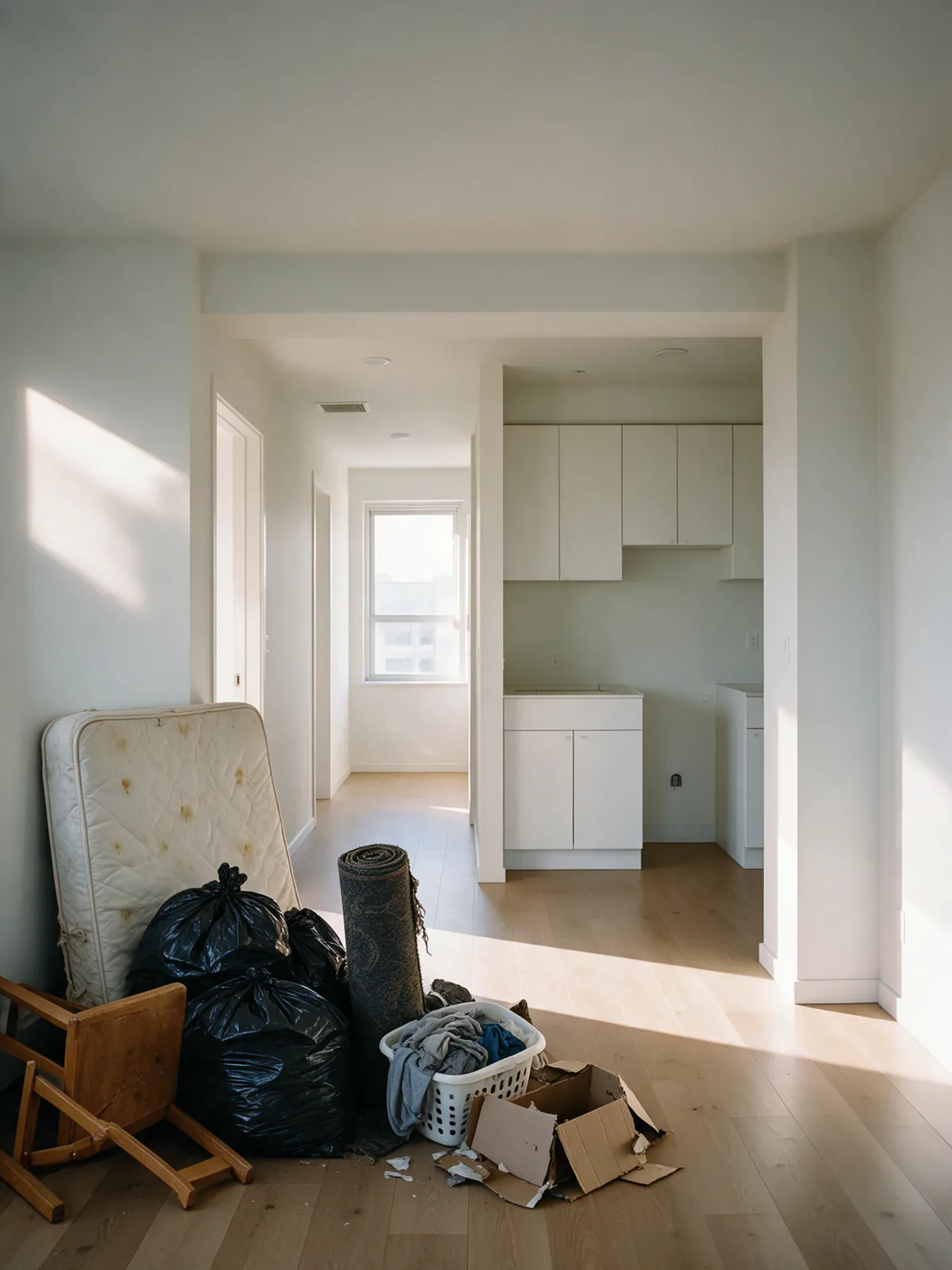 A rental unit left full: heaped black bin bags, a stained mattress against the wall, a broken chair, a rolled carpet and a laundry basket of clothes