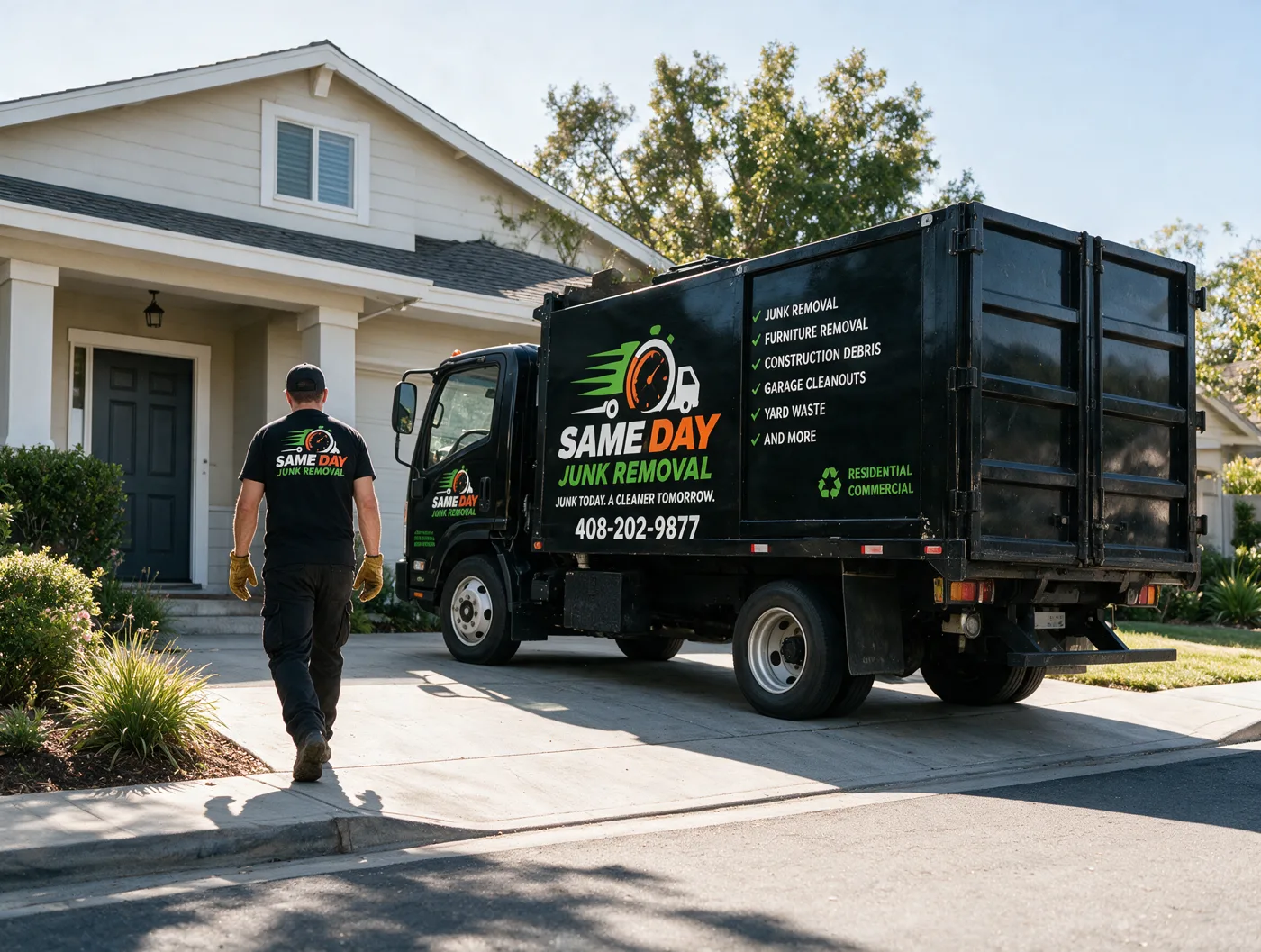 A Sameday crew member walking up a driveway in early morning light, the truck just parked at the kerb