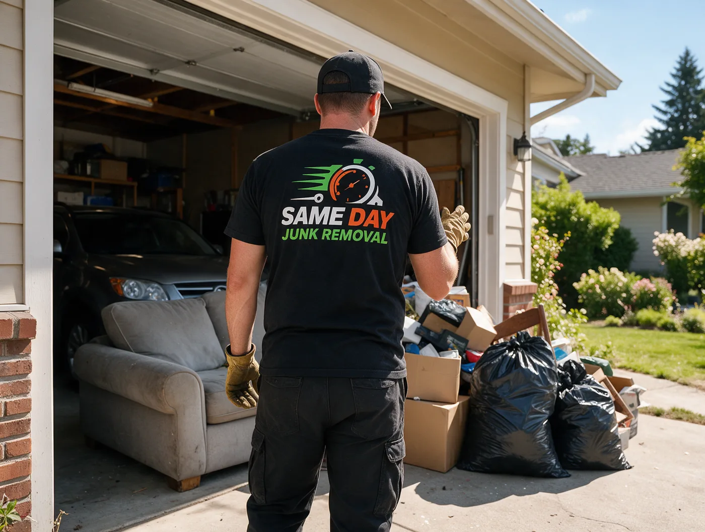 A crew member standing at an open garage, sizing up a pile of furniture and bags before touching it