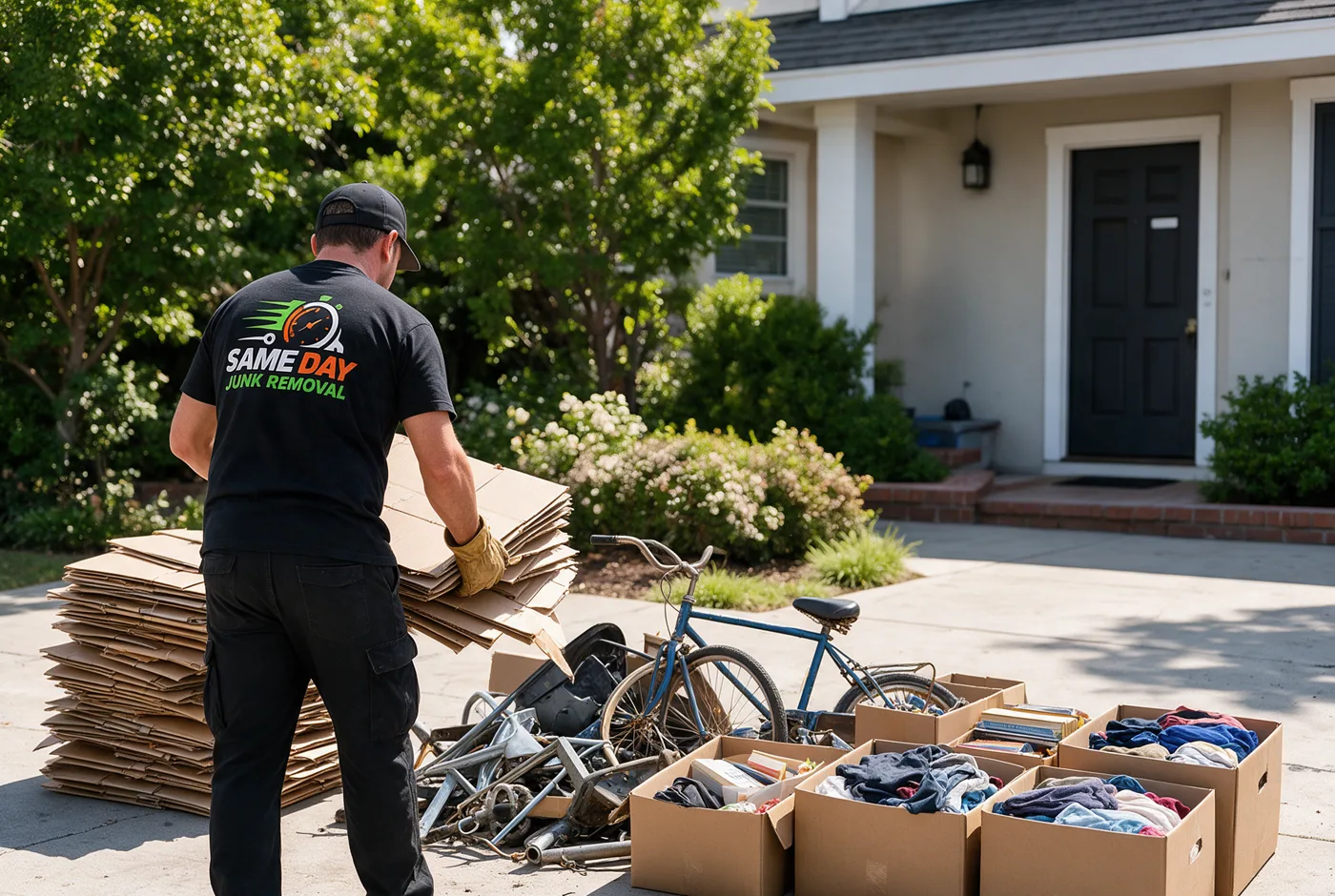 Flattened cardboard, scrap metal and boxes of clothes and books sorted into separate piles on a driveway